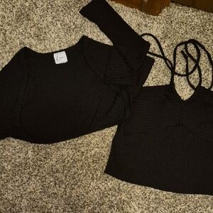 Elegant Black Long Sleeve and Halter Top Set